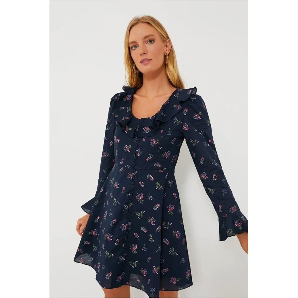 Hyacinth House by Tuckernuck Navy Blue Floral Norah Mini Dress Ruffle Neck sz XS